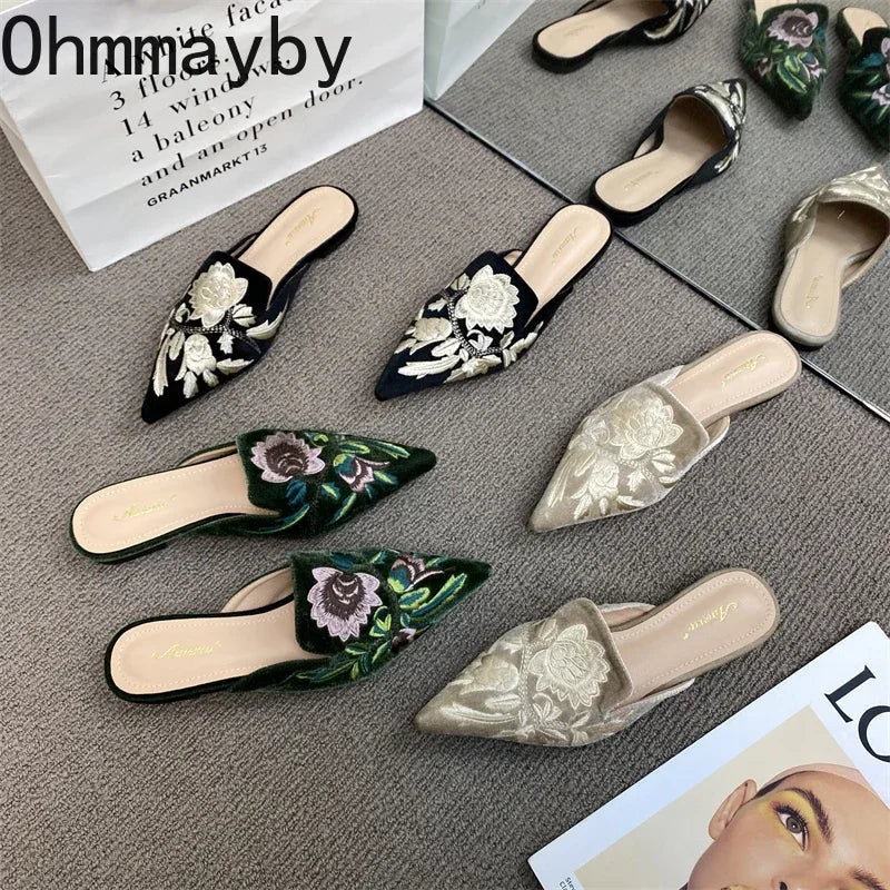 Women's Embroidery Pointed Toe Mule Slides – Elegant Flat Slippers Women's Mule Slides Axl