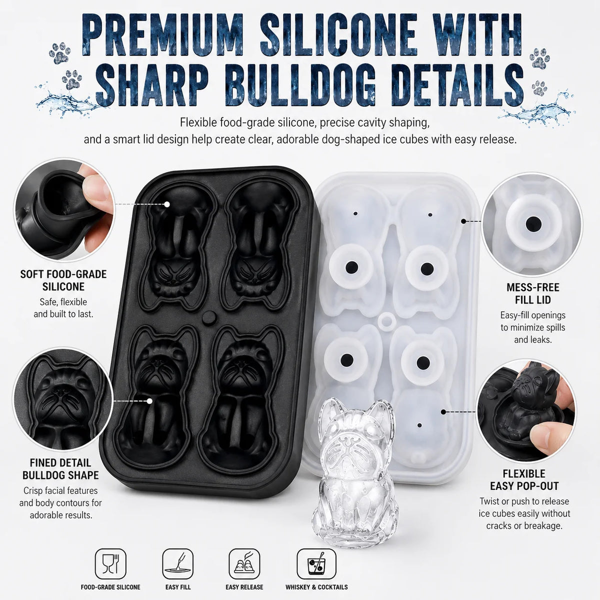 French Bulldog Silicone Ice Cube Mold – 4-Hole Tray & Funnel Silicone Ice Cube Mold Axl