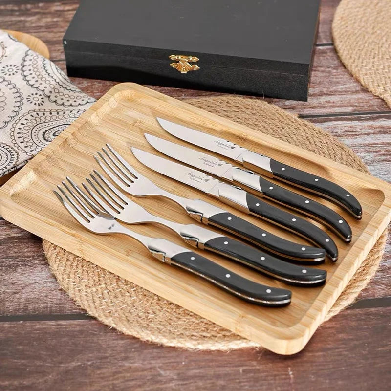Laguiole-Style Steak Fork Set | Black Wood Handle Stainless Steel Steak Fork Set Axl
