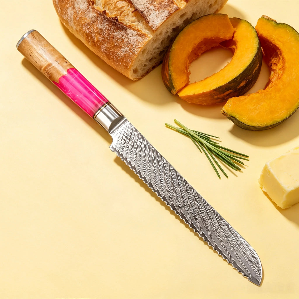 Damascus Steel Serrated Bread Knife – Sharp 19cm Slicing Knife Serrated Bread Knife Axl