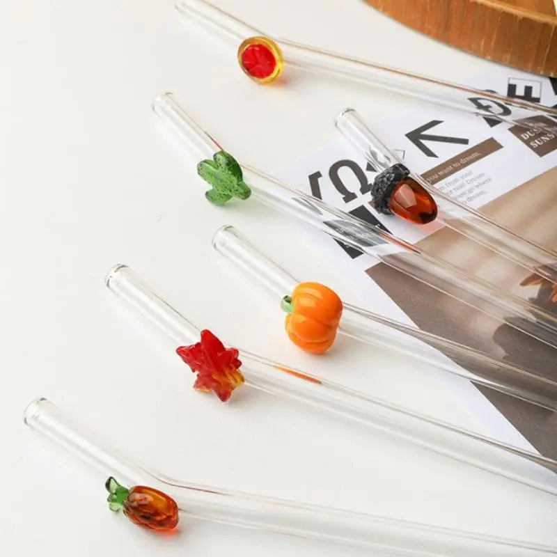 Reusable Fruit Design Glass Straw – Strawberry Cherry 20cm Glass Drinking Straw Axl