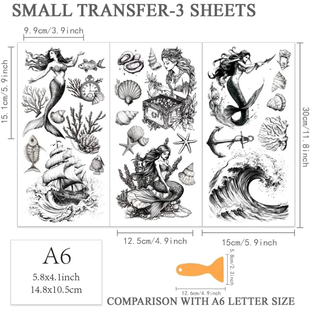 Mermaid Rub-On Transfers for Furniture & Crafts | 3-Sheet Set Craft Transfer Decals Axl