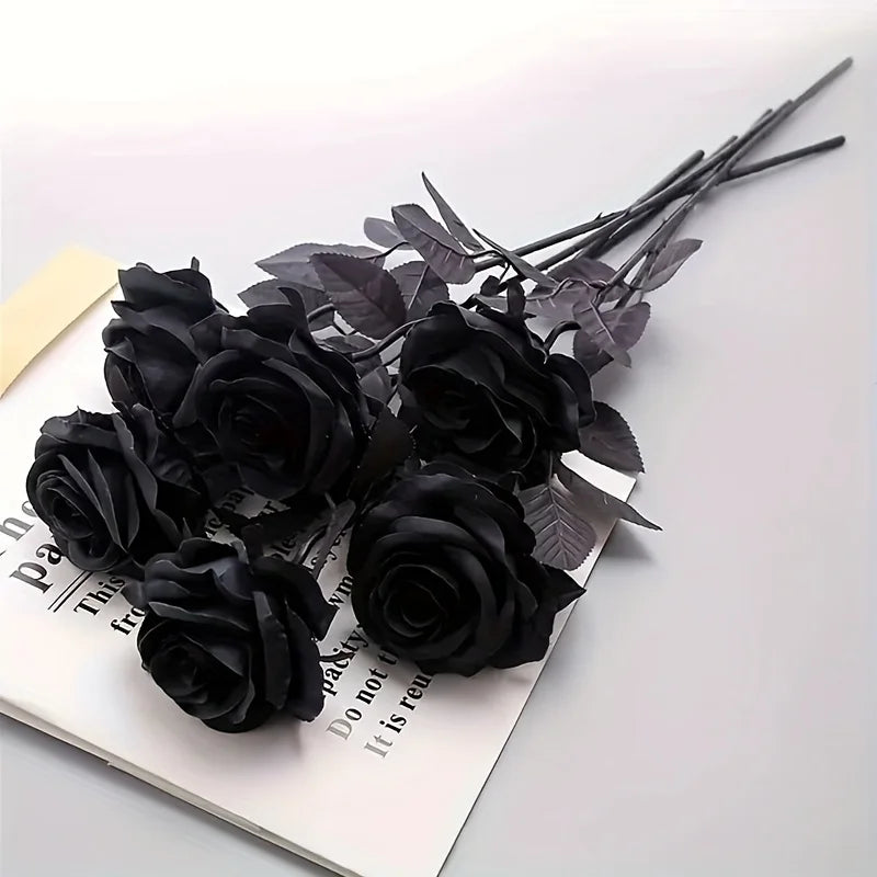 10-Pack Black Artificial Roses Long Stem | Halloween & Wedding Artificial Flowers Axl