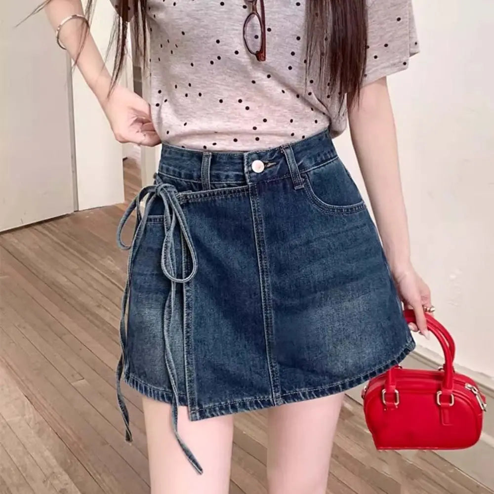 Y2K High Waist Denim A-Line Skirt – Lace-Up Wide Leg Blue Jean Denim A-Line Skirt Axl