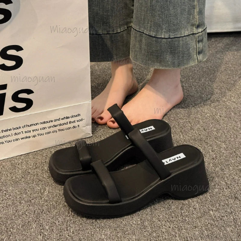 Women's Wedge Slide Slippers – 6.5cm Thick Sole Platform Shoes Wedge Slide Slippers Axl black 40