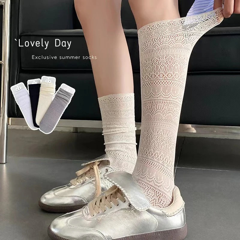 Women's Lace Trim Knee High Socks – Breathable Mesh Knit Knee High Socks Axl