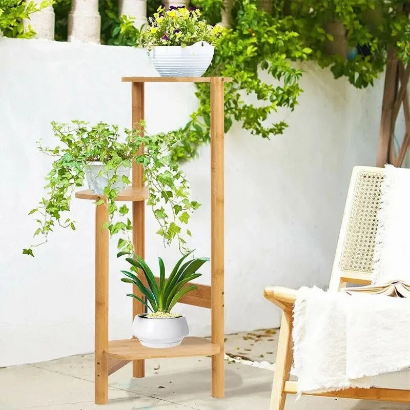 3-Tier Bamboo Corner Plant Stand – Tall Flower Pot Rack Corner Plant Stand Axl