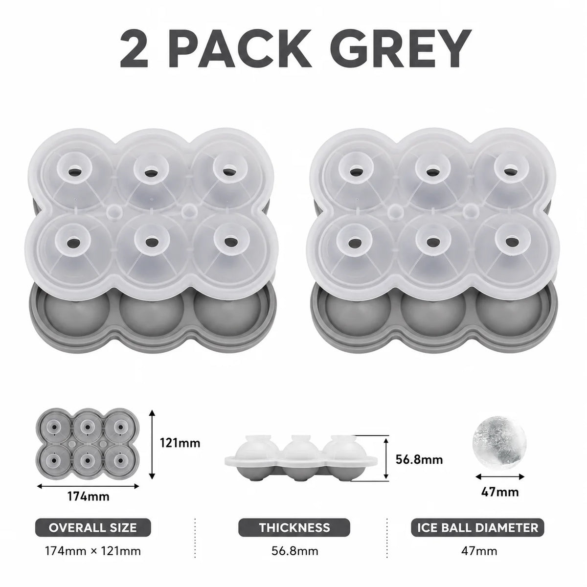 6-Sphere Silicone Ice Ball Maker Tray with Funnel Lid | Bar Silicone Ice Ball Tray Axl 2 Pack Grey