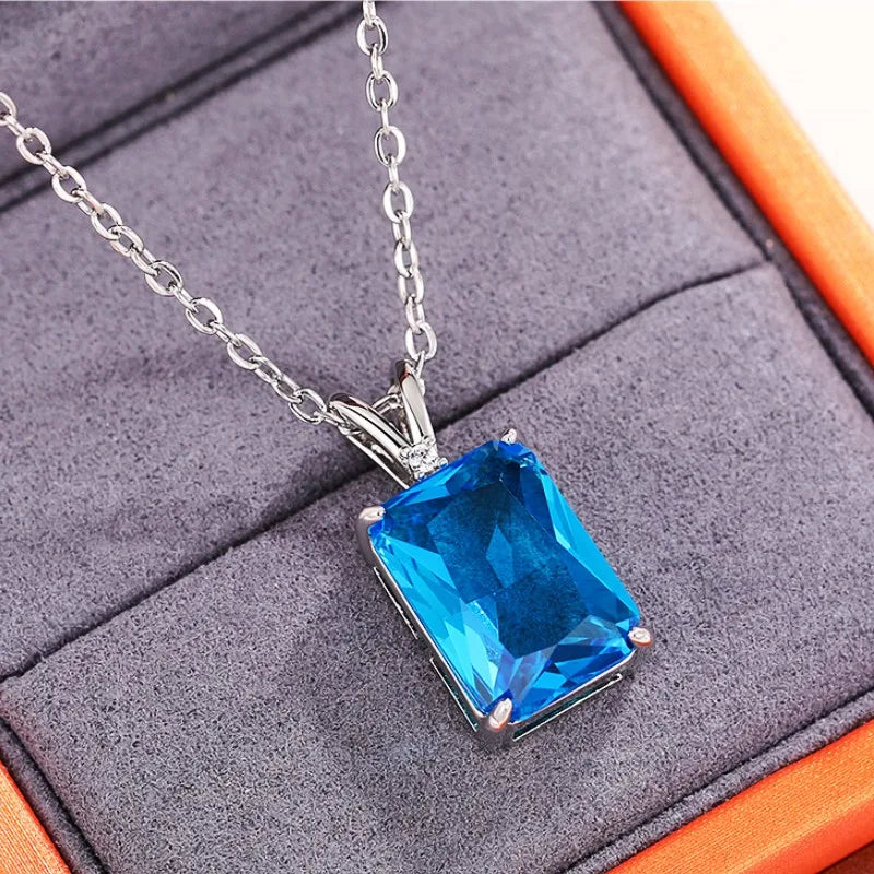 Huitan Blue CZ Square Pendant Necklace | Women's Wedding Jewelry Pendant Necklace Axl