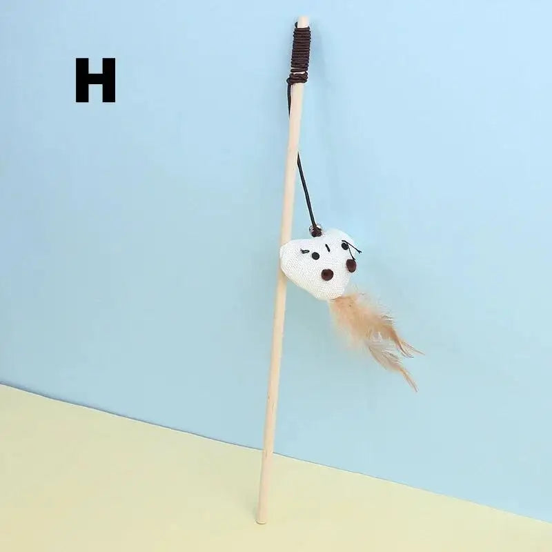 Mouse Shape Wooden Cat Teaser Wand with Feather & Bell Cat Teaser Wand Axl H