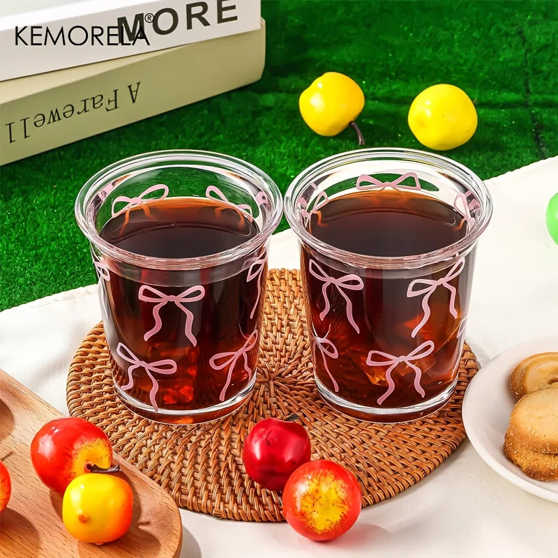 KEMORELA Pink Bow Glass Cup 320ml – Cute Iced Coffee Cup Glass Drinking Cup Axl