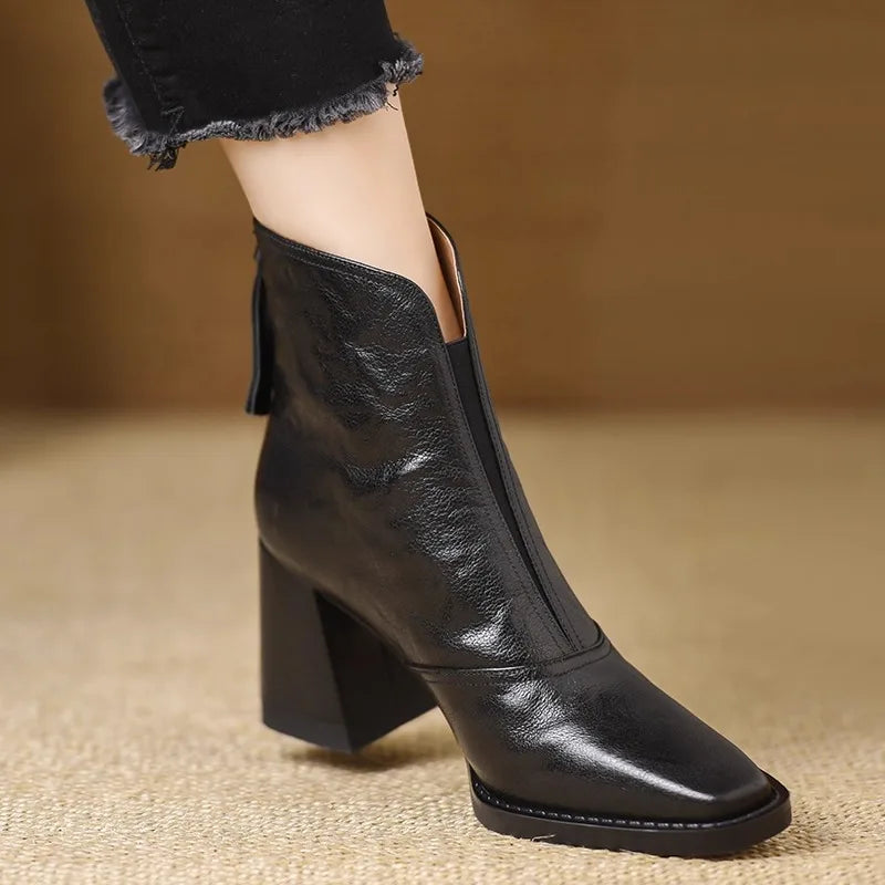 Women's Square Toe Ankle Boots | Block Heel Zipper PU Leather Ankle Boots Axl Black 42