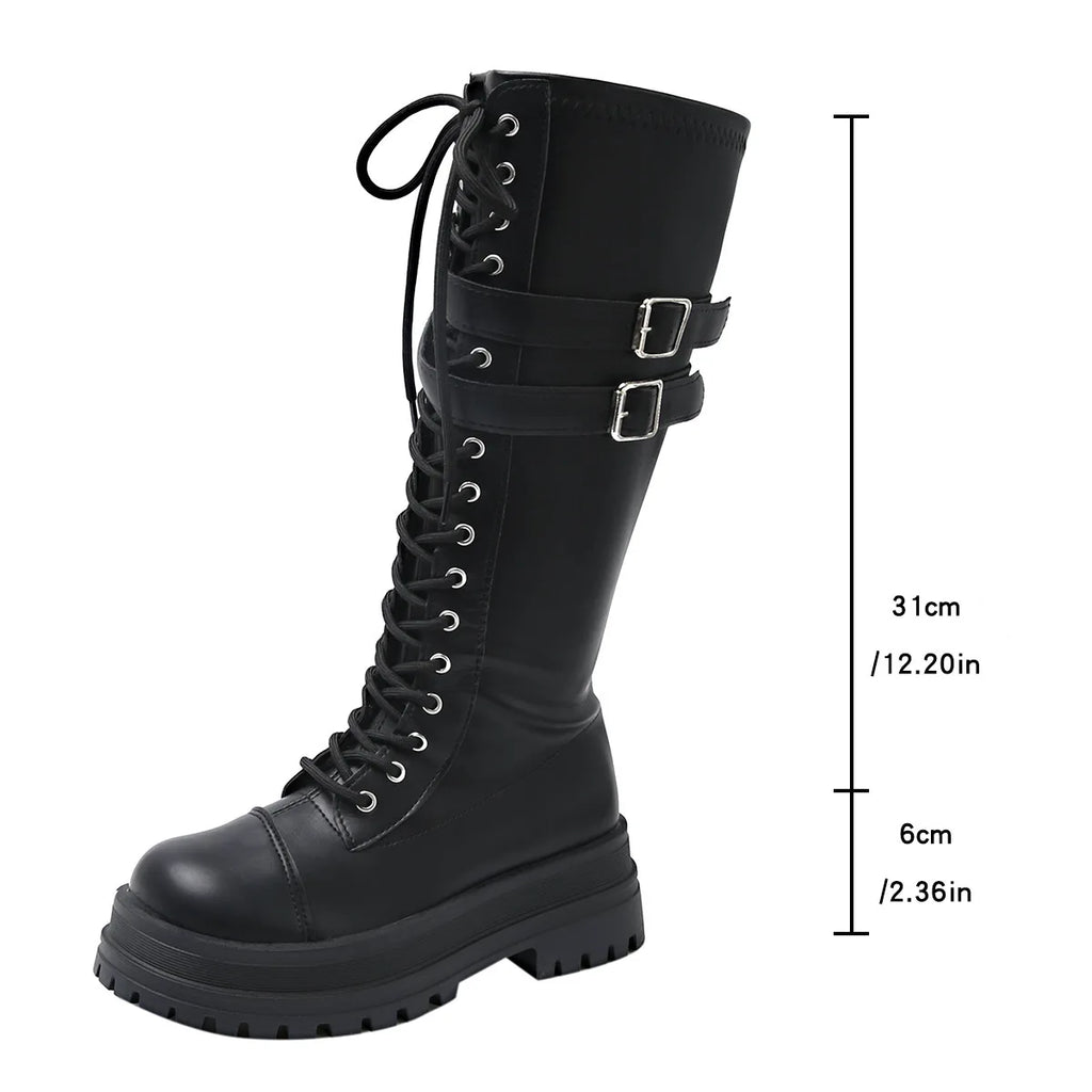 Women's Platform Knee-High Boots – Gothic Lace-Up Punk Style Platform Knee Boots Axl Black 35