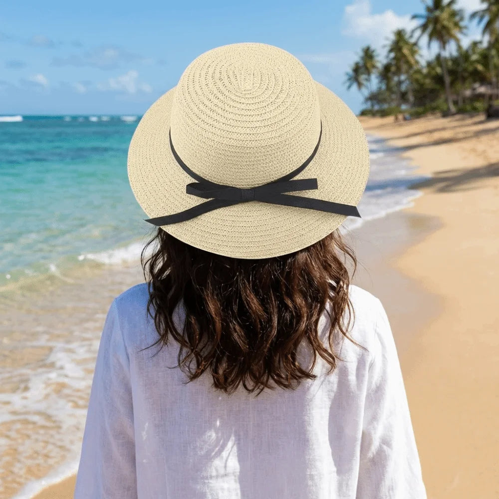 Women's Wide Brim Straw Bow Hat – Bohemian Beach Bucket Hat Wide Brim Sun Hat Axl