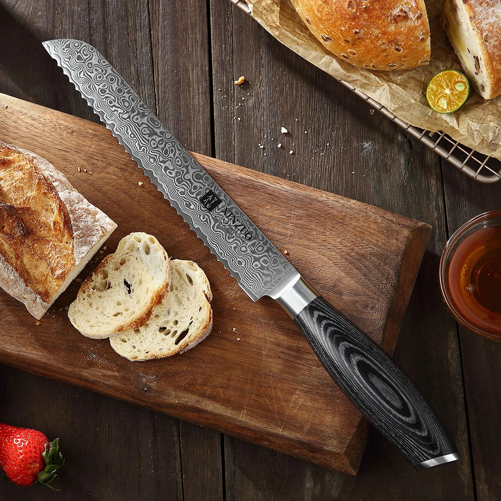XINZUO 8" Damascus Bread Knife – 67-Layer Steel Pakkawood Damascus Bread Knife Axl