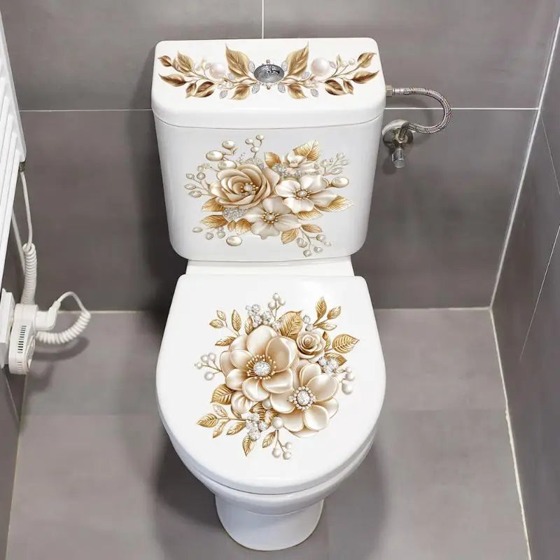Gold Pearl Floral Toilet Sticker – Waterproof Bathroom Decal Bathroom Wall Sticker Axl