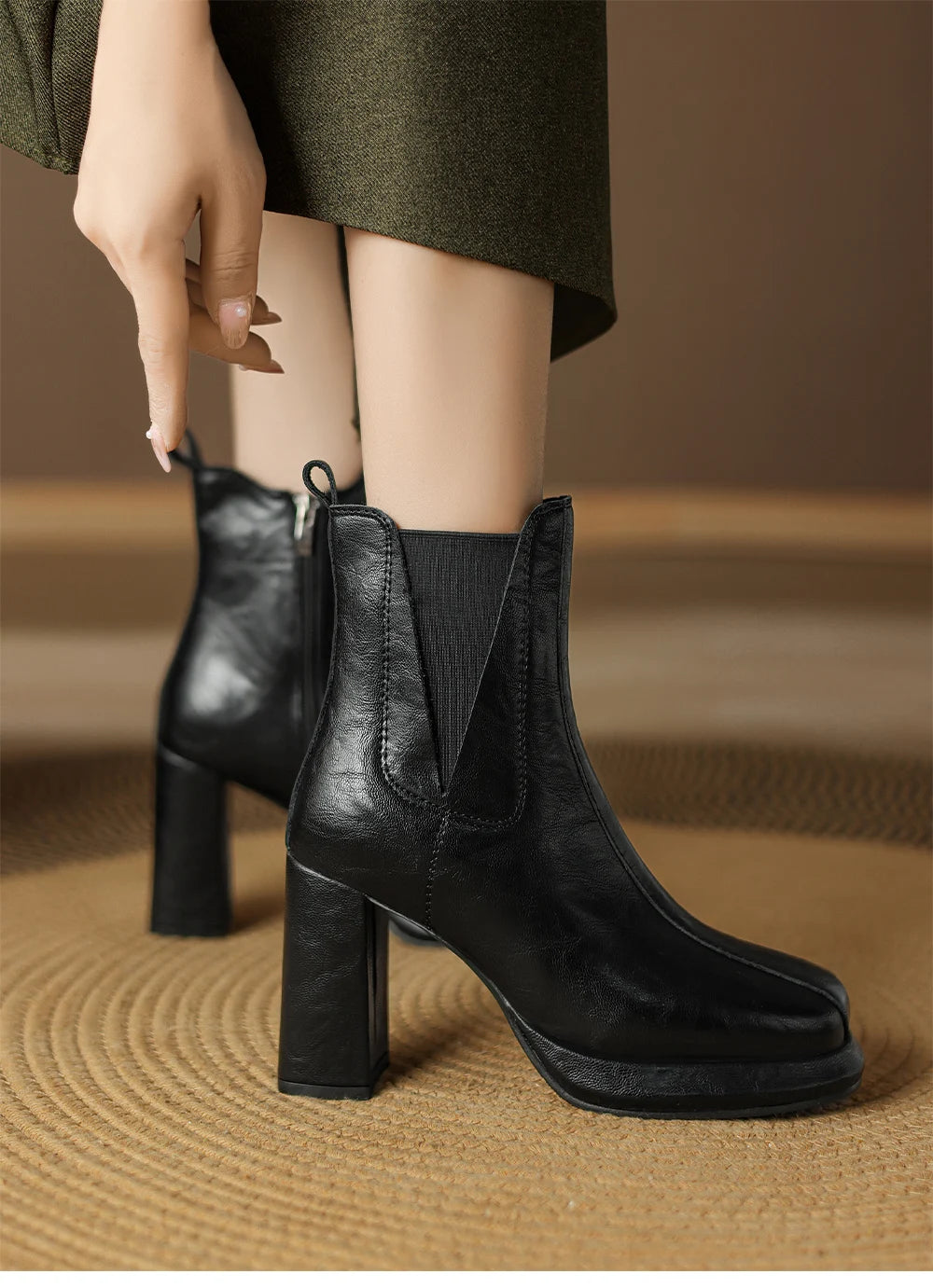 Women's Handmade Ankle Boots – Round Toe Square Heel Zip Women's Ankle Boots Axl