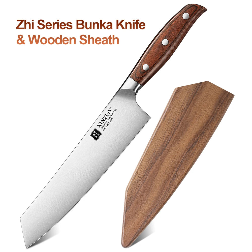 XINZUO 8" Bunka Knife – German Steel, Pakka Wood Handle Bunka Kitchen Knife Axl With Wooden Sheath