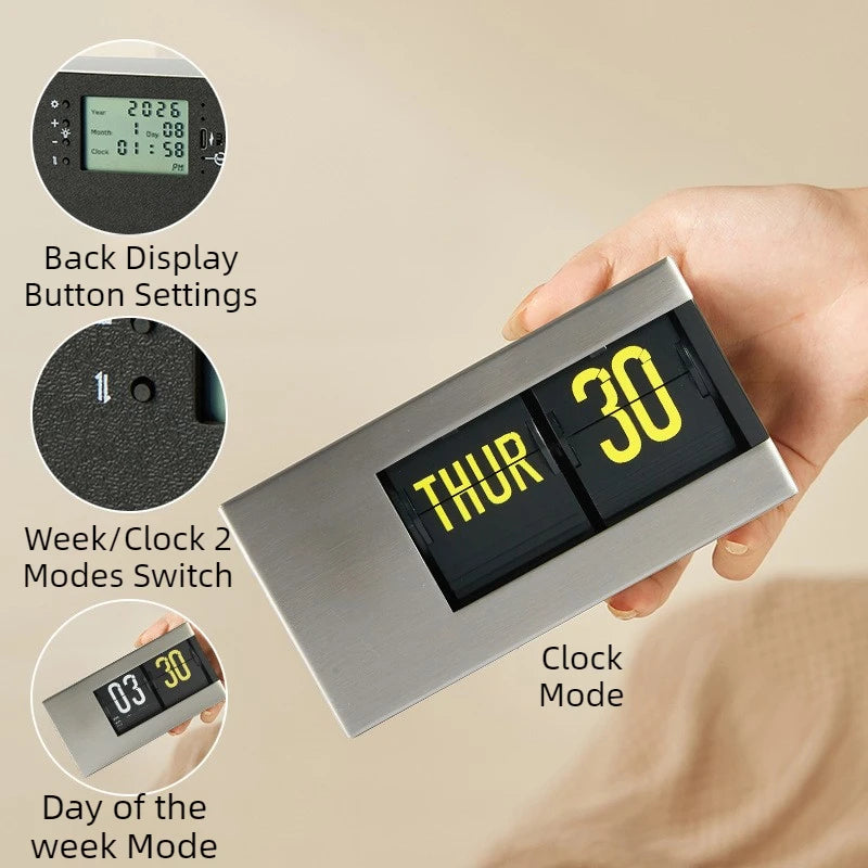 Flip Clock Calendar Desk Clock – Silent Minimalist Tabletop Decor Flip Desk Clock Axl