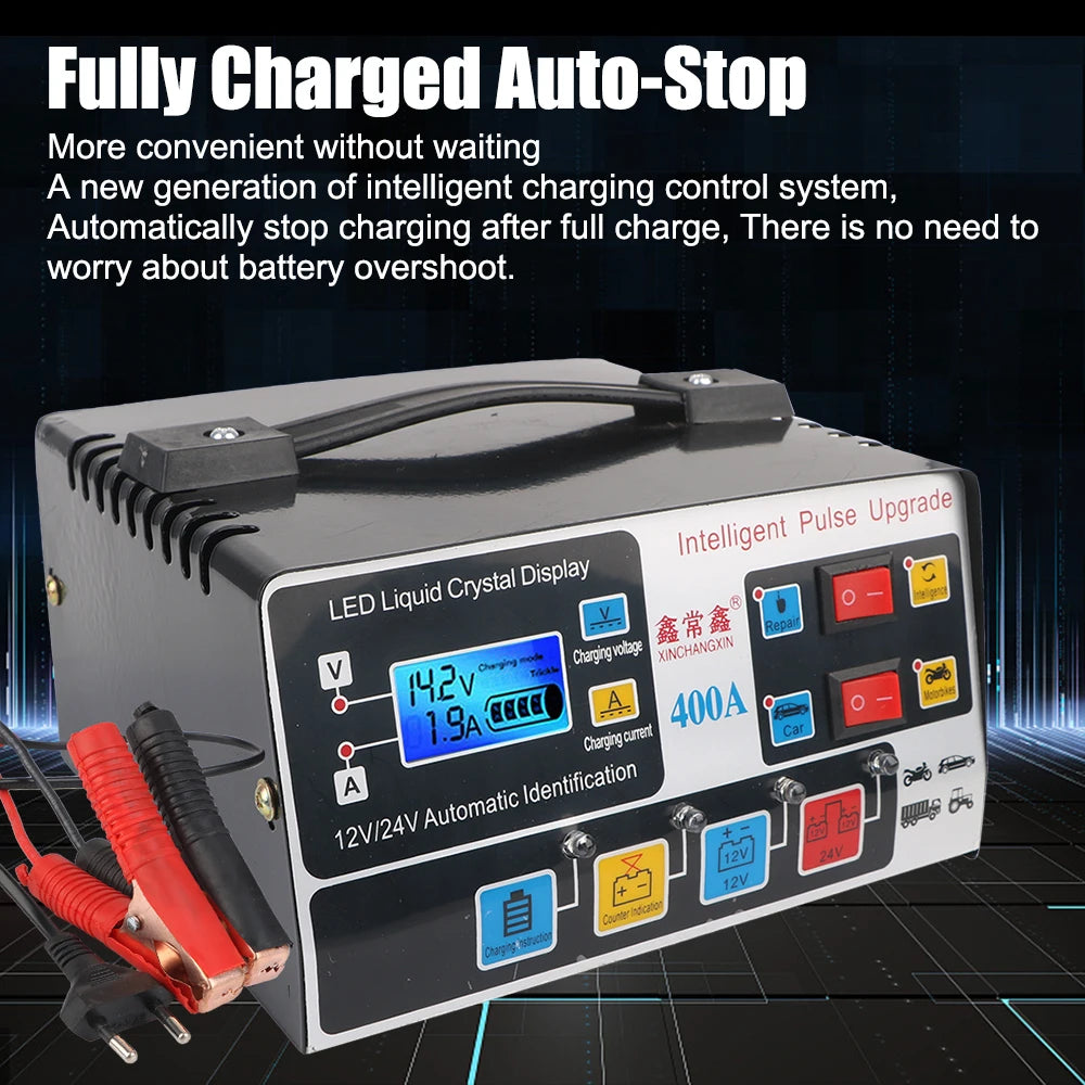 220W Smart Car Battery Charger LCD 12V/24V Pulse Repair EU Plug Car Battery Charger Axl