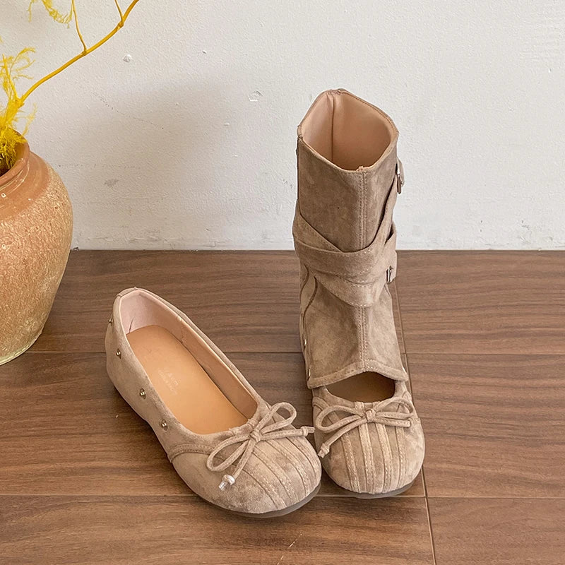Women's Vintage Hollow-Out Wedge Boots – Multi Buckle Slip-On Wedge Boots Axl Khaki 35