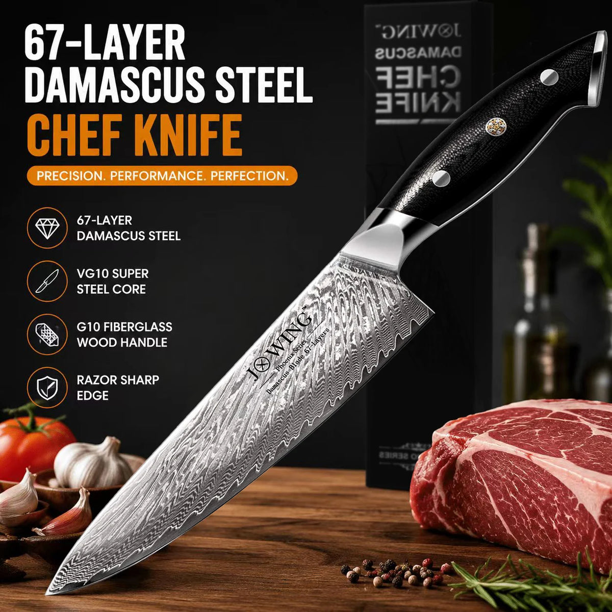 Damascus Steel Chef Knife – 8" Japanese-Style Wood Handle Damascus Chef Knife Axl