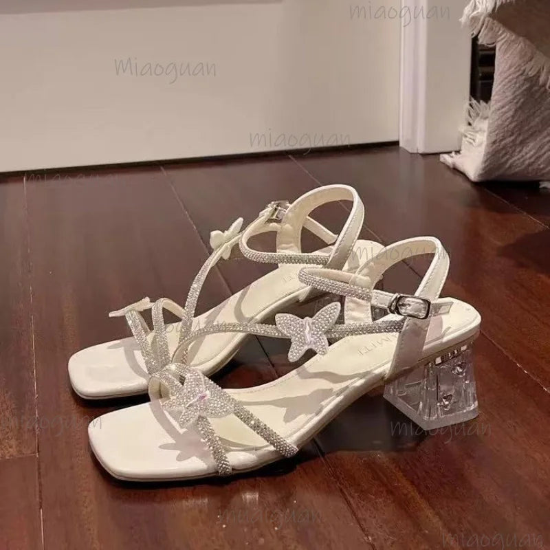 Crystal Butterfly Block Heel Sandals – Rhinestone Party Pumps Block Heel Sandals Axl