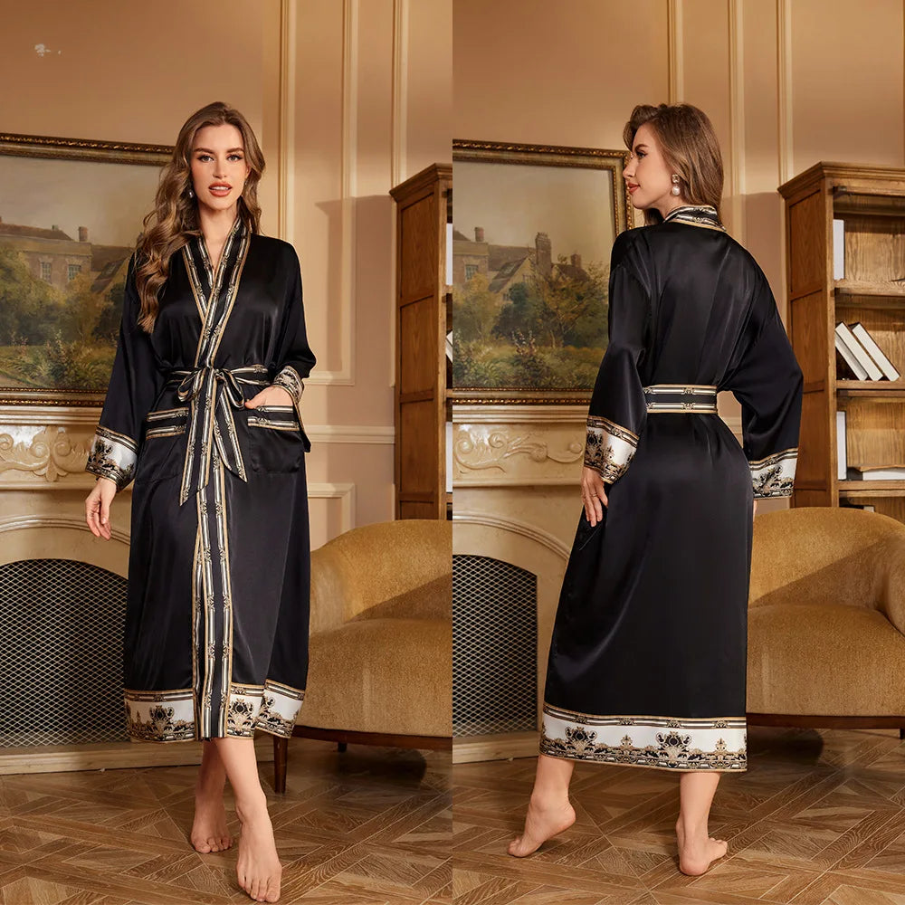 Women's Long Sleeve Printed Lace-Up Robe | Casual Bathrobe Women's Bathrobe Axl black gold One Size