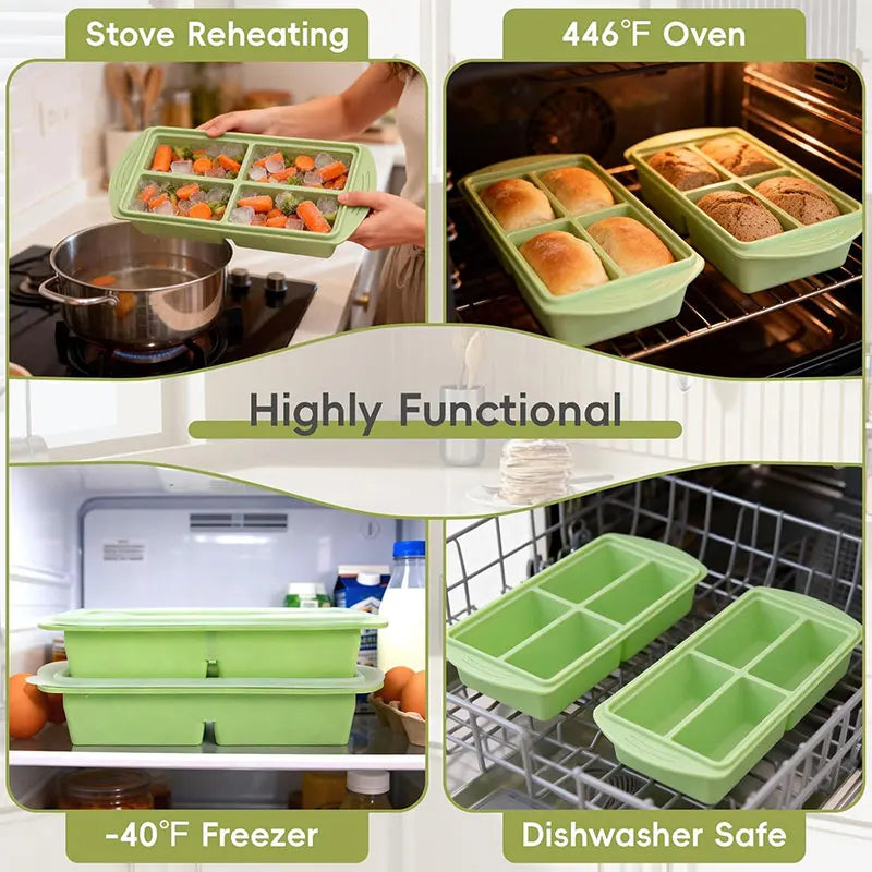Silicone Food Freezer Mold – 4-Cup Portion Tray with Lid Silicone Freezer Tray Axl