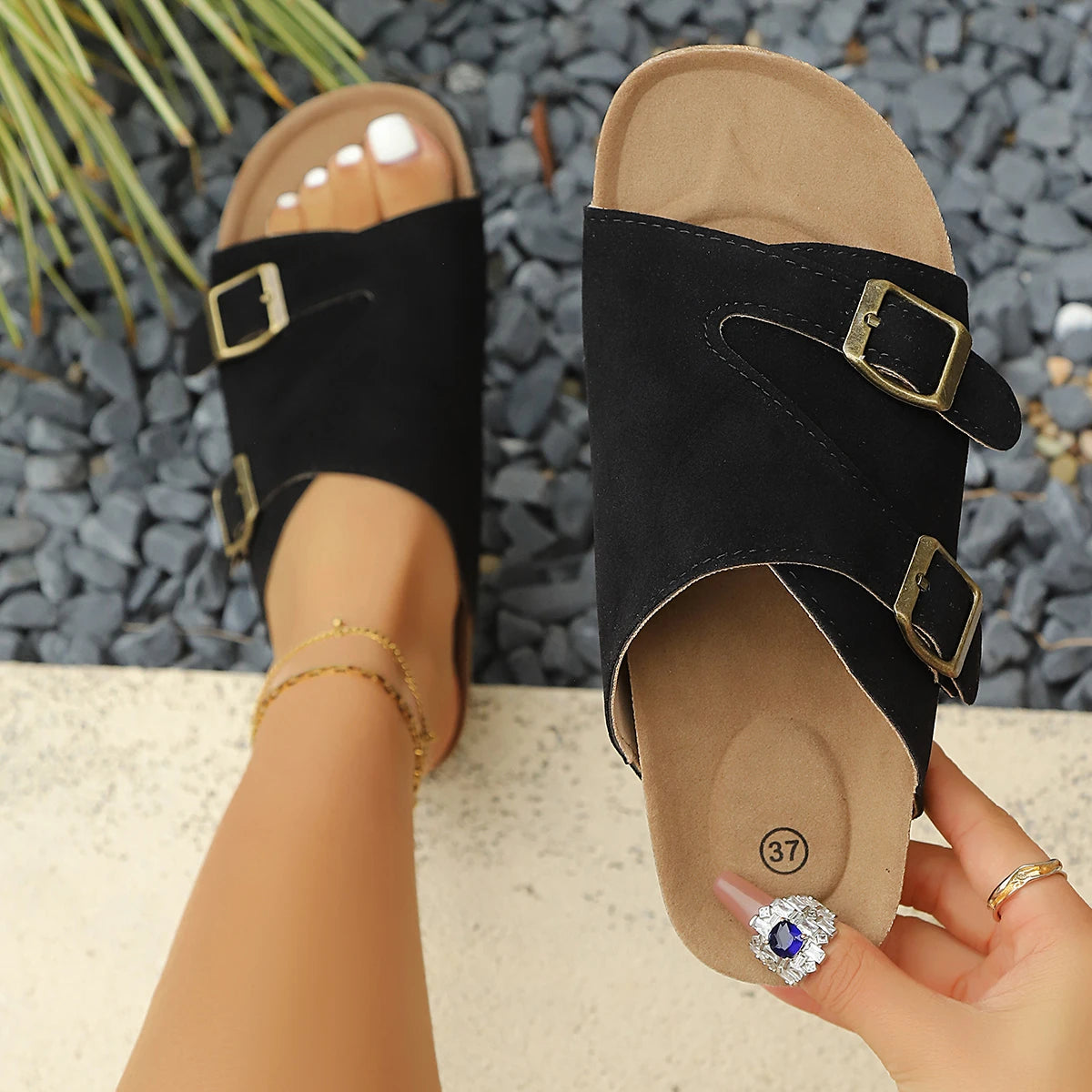 Women's Faux Suede Cork Sandals Double Buckle Flat Slides Cork Flat Sandals Axl