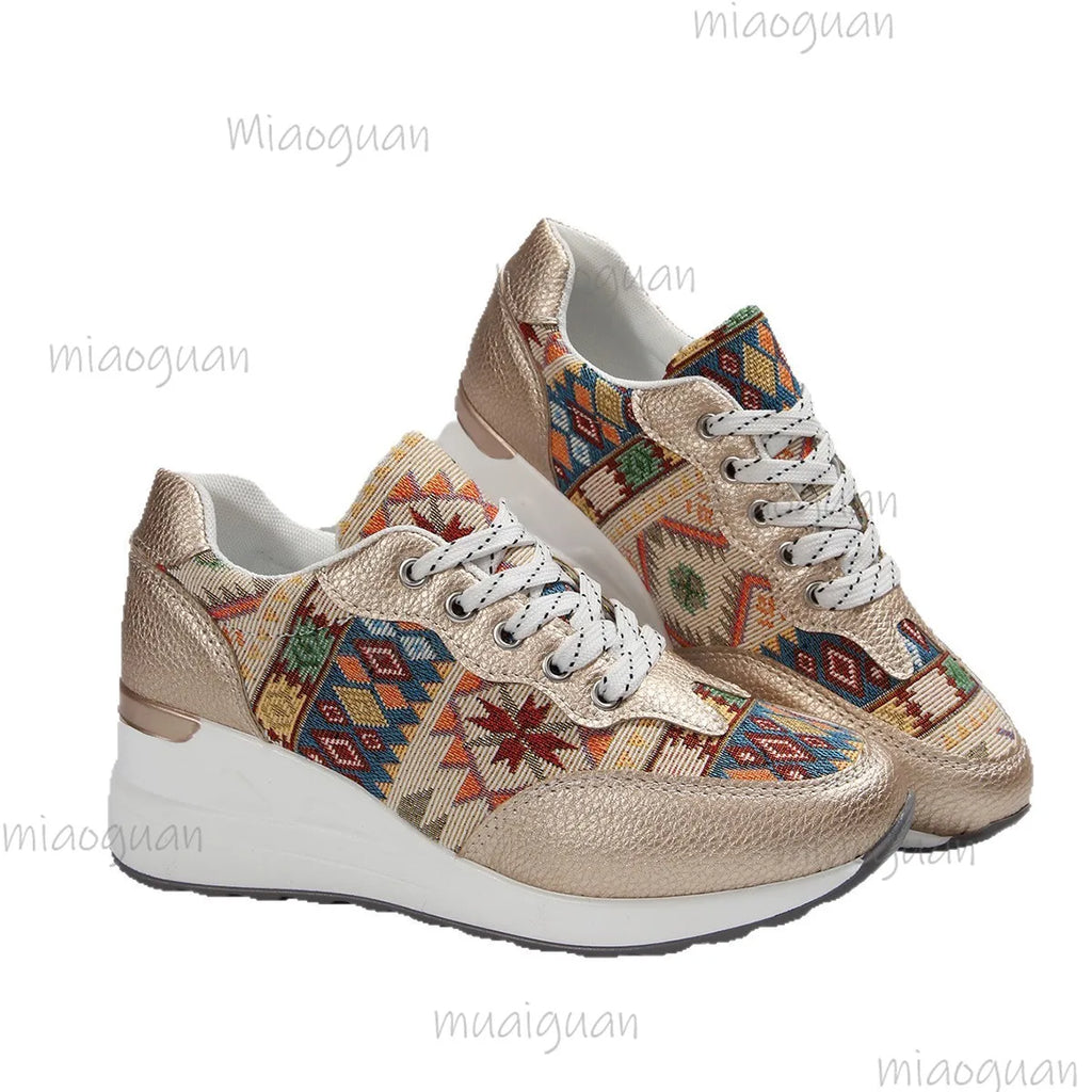 Women's Bohemian Wedge Platform Sneakers – Geometric Pattern Platform Wedge Sneakers Axl