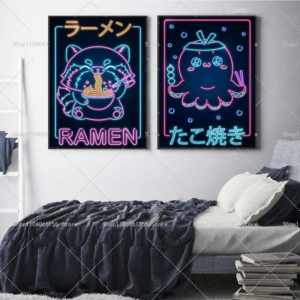 Neon Retro Japanese Ramen Sushi Cat Wall Poster Sticker Wall Poster Sticker Axl