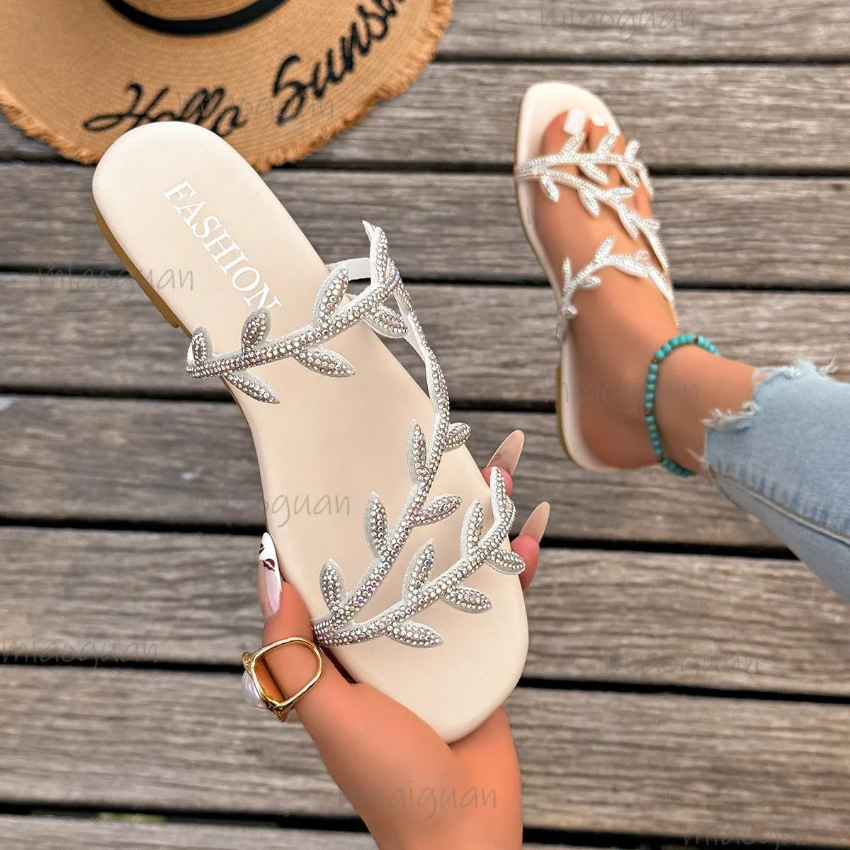 Women's Rhinestone Leaf Flat Slide Sandals | Summer Beach Slippers Flat Slide Sandals Axl