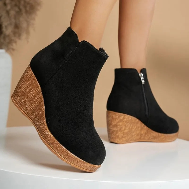Women's Wedge Heel Ankle Boots – Faux Suede Zip Winter Boots Wedge Ankle Boots Axl 43 004-black