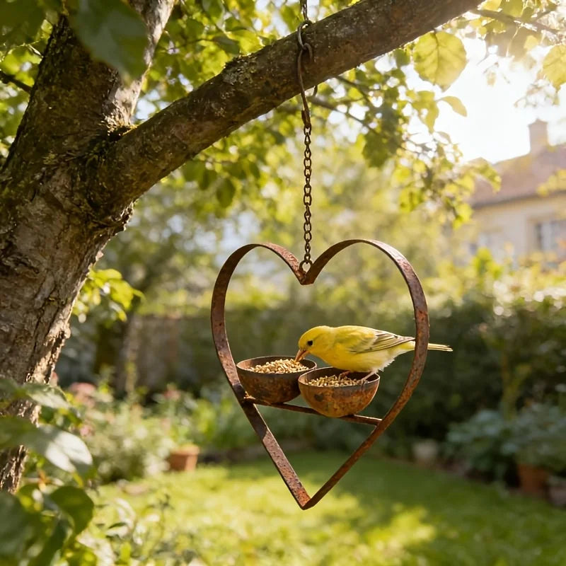 Rusty Metal Heart Double Bowl Bird Feeder – Vintage Garden Décor Bird Feeder Axl