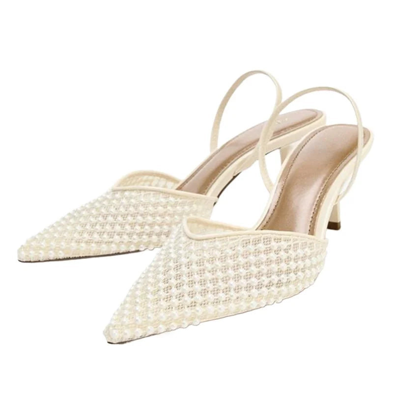 Women's Beaded Mesh High Heel Sandals – Elegant Pointed Toe Pumps High Heel Sandals Axl Beige white 35