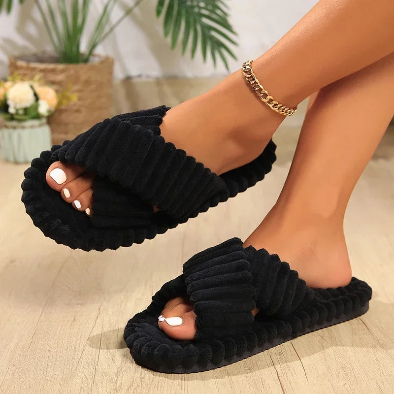 Women's Corduroy Cross Band Plush Slippers – Warm Indoor Women's Slippers Axl