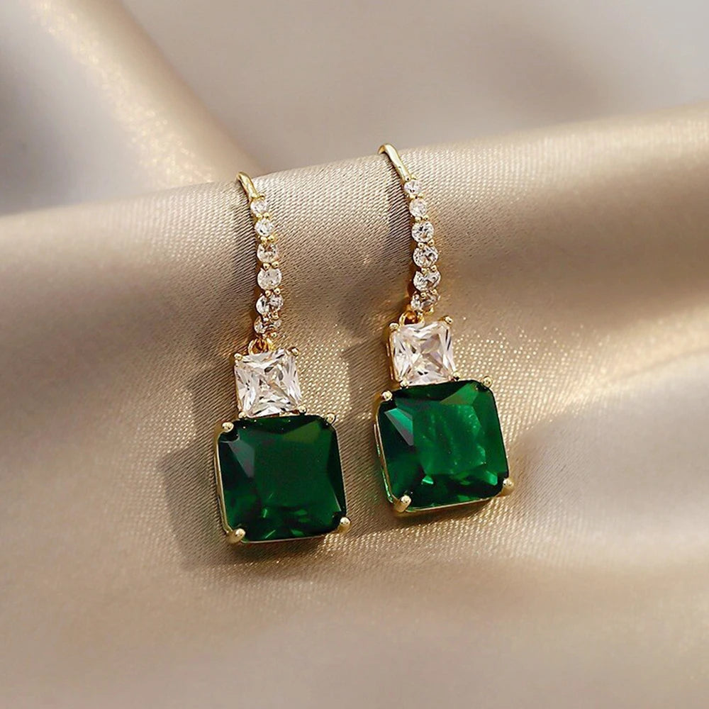 Huitan Green CZ Gold Drop Earrings – Geometric Fashion Jewelry Drop Earrings Axl