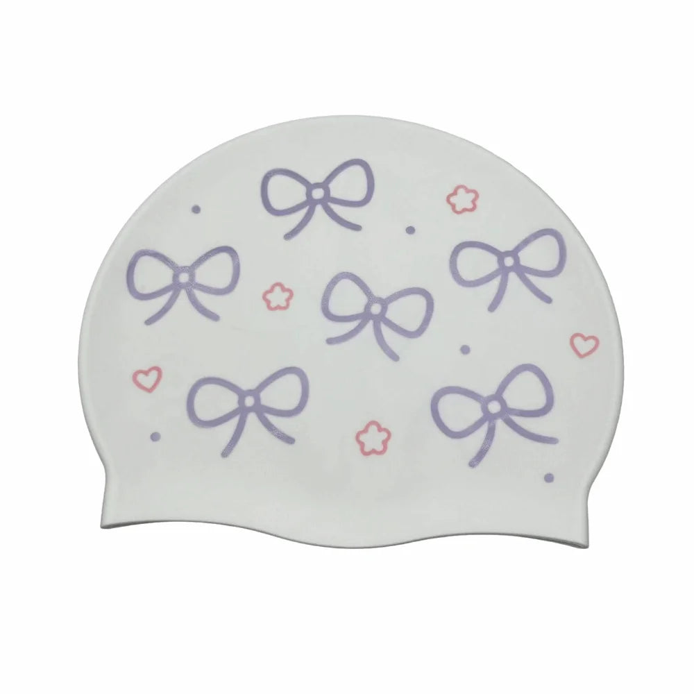 Bow Print Silicone Swim Cap – Oversized Watertight Swimming Hat Silicone Swim Cap Axl White