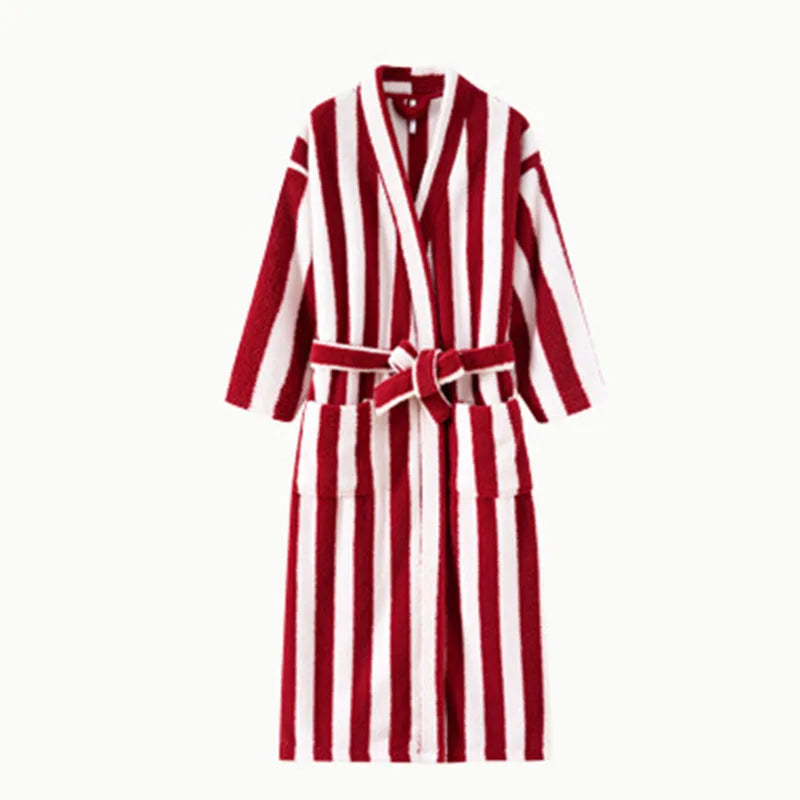 Women's Striped Velvet Bathrobe – Thick Flannel Lace-Up Robe Women's Bathrobe Axl red M