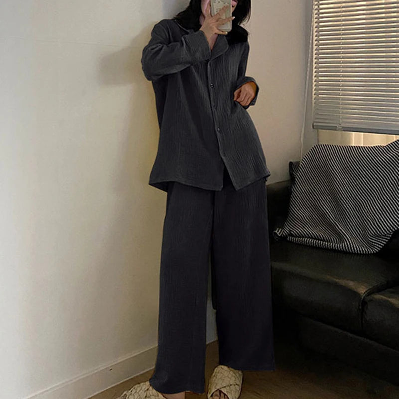 Women's Korean 2-Piece Pajama Set – Casual Long Sleeve Lounge Women's Pajama Set Axl GRAY M