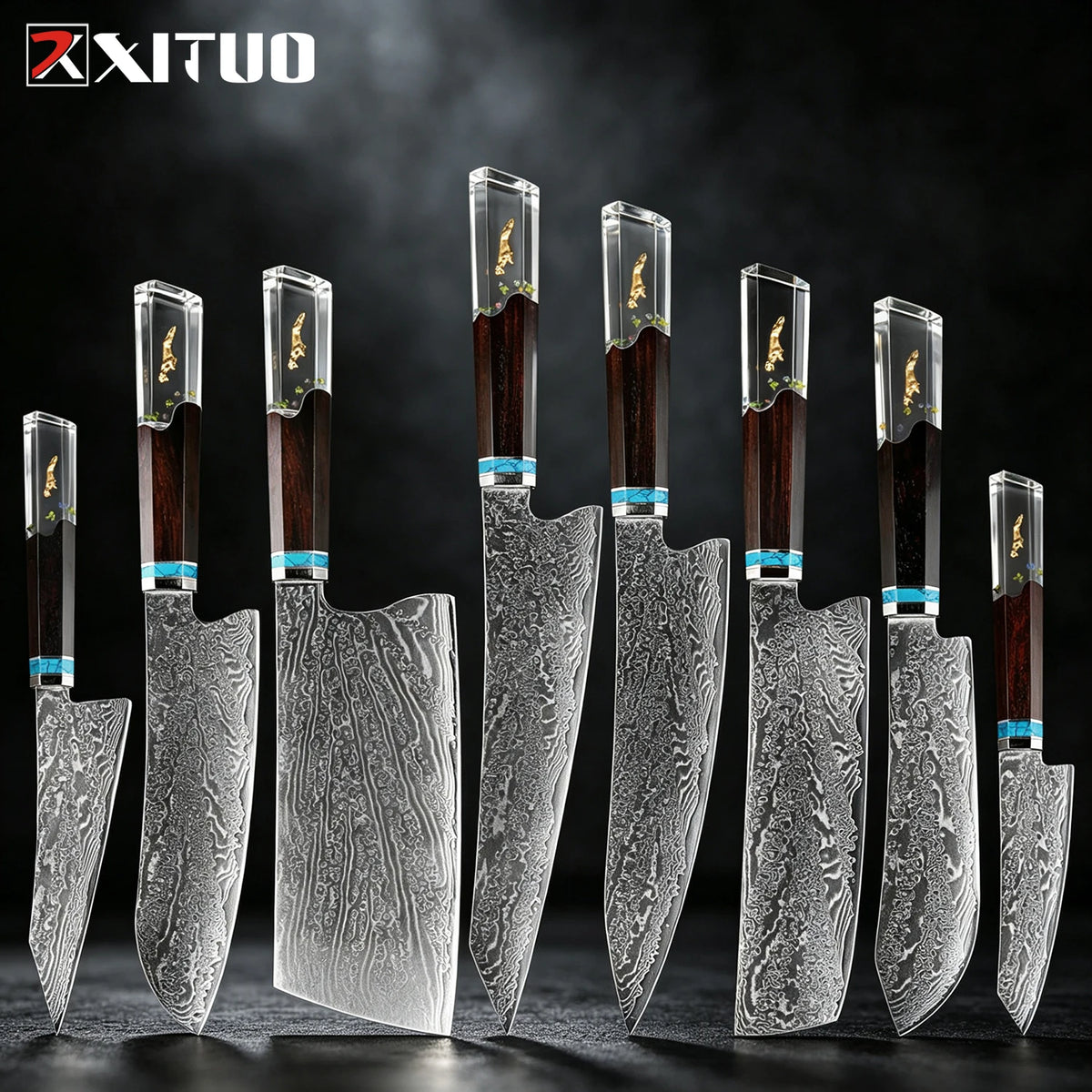 XITUO 8-Pc Damascus Steel Chef Knife Set | Resin Handle Chef Knife Set Axl 8PCS Knife