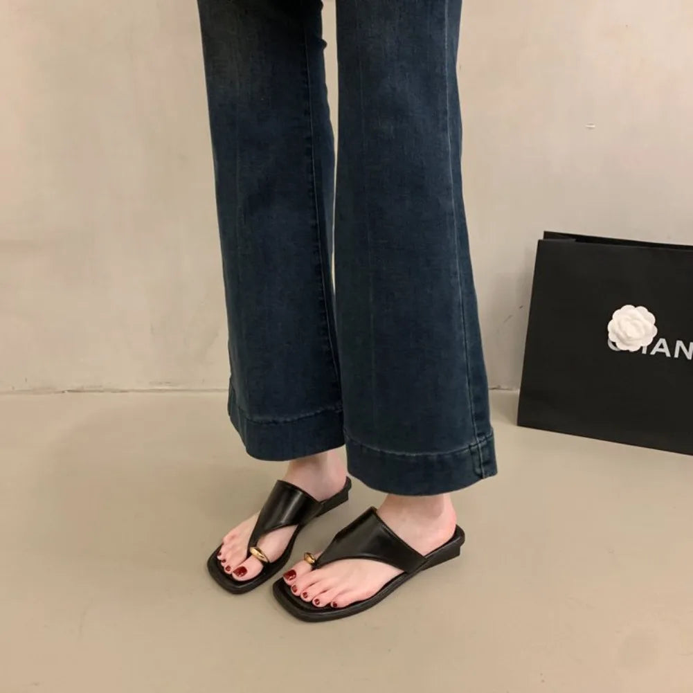 Women's Flat Thong Sandals – Square Toe Faux Leather Flip Flops Flat Thong Sandals Axl