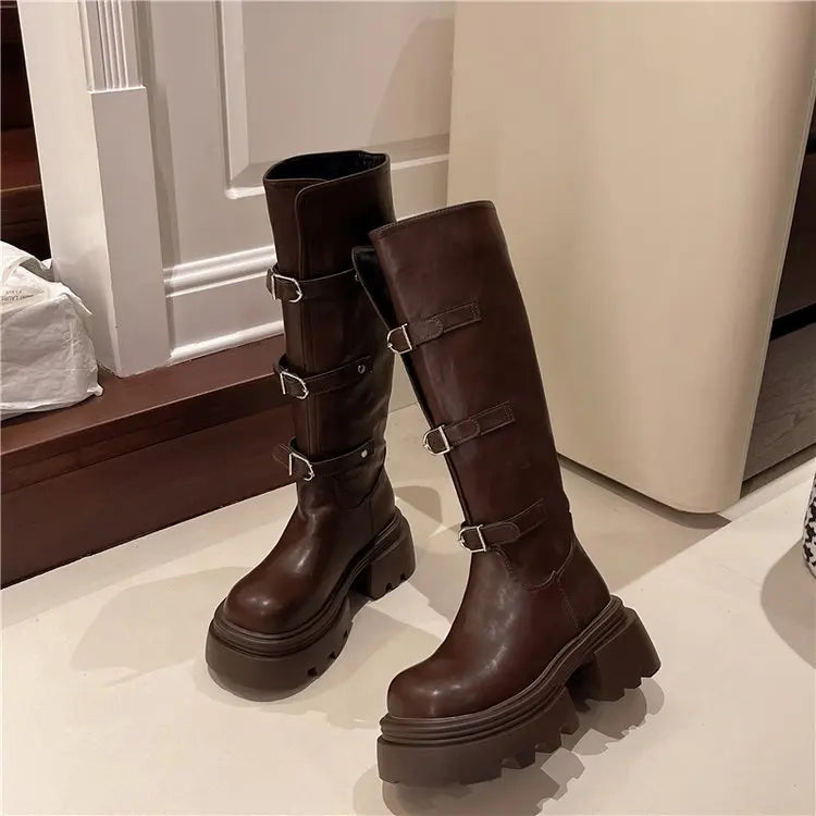 Women's Knee-High Knight Boots | British Style Thick Sole Knee-High Boots Axl brown 40
