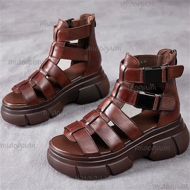 Women's Gladiator Wedge Sandals – Ankle Buckle Brown & Black Gladiator Wedge Sandals Axl