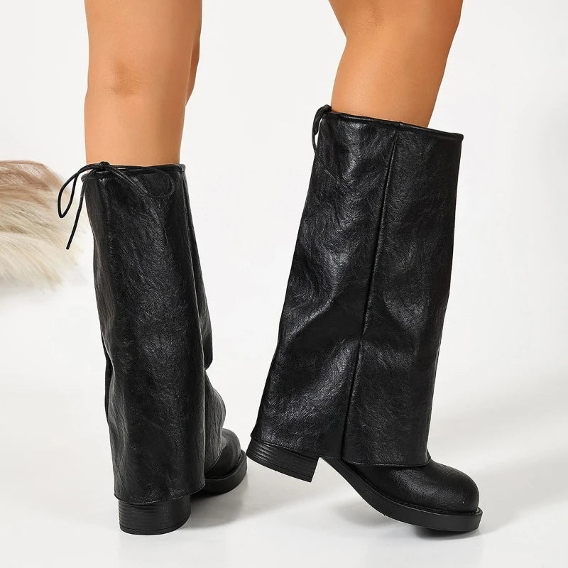 Women's Ruched Slouch Knee-High Boots | Block Heel Slip-On Knee-High Boots Axl