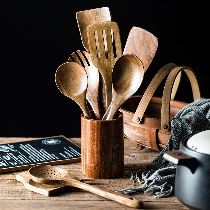 9-Piece Teak Wooden Kitchen Utensils Set with Holder Kitchen Utensil Set Axl