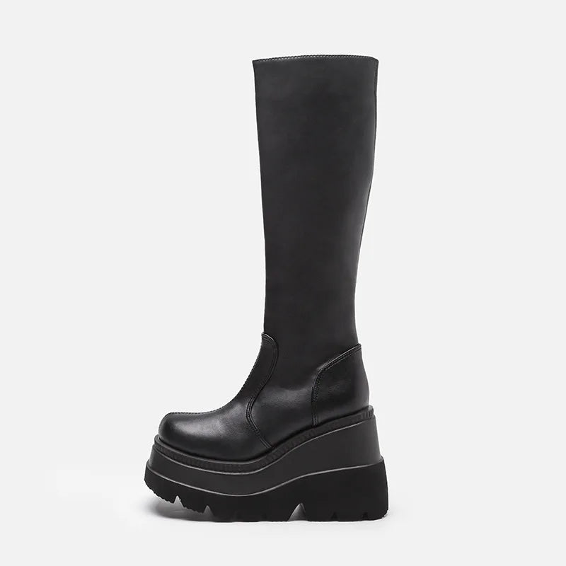 Women's Punk Platform Mid-Calf Boots – Gothic Wedge Motorcycle Platform Motorcycle Boots Axl