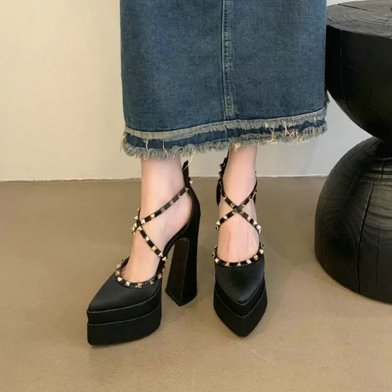 Women's Satin Rivet Platform Pumps | Pointed Toe High Heels Platform Heel Pumps Axl