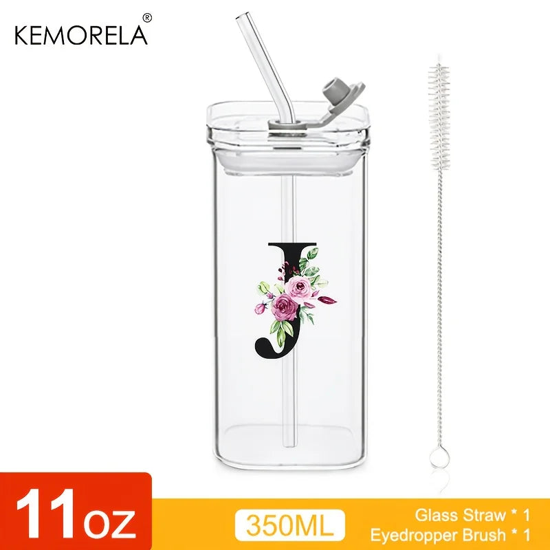 KEMORELA 300ml Letter-Shaped Glass Tumbler with Lid & Straw Glass Tumbler Axl J 300ML